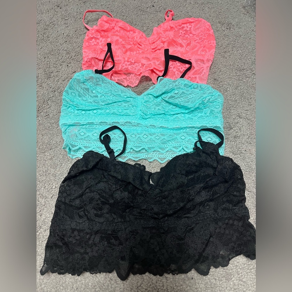 Victoria's Secret Lace Bandeau Trio - Coral, Mint, Black